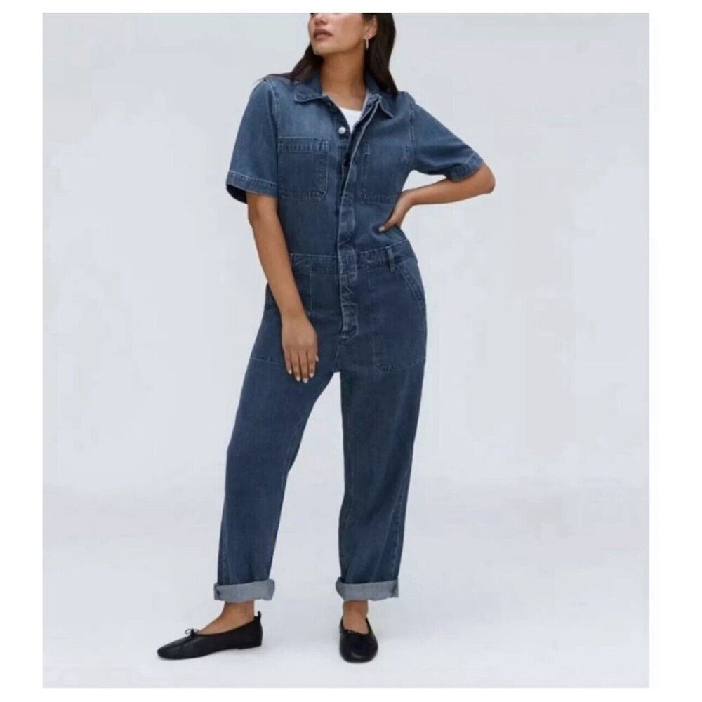 Everlane The Short Sleeve Denim Overall Button Up Blue Jumpsuit Organic Cotton 8
